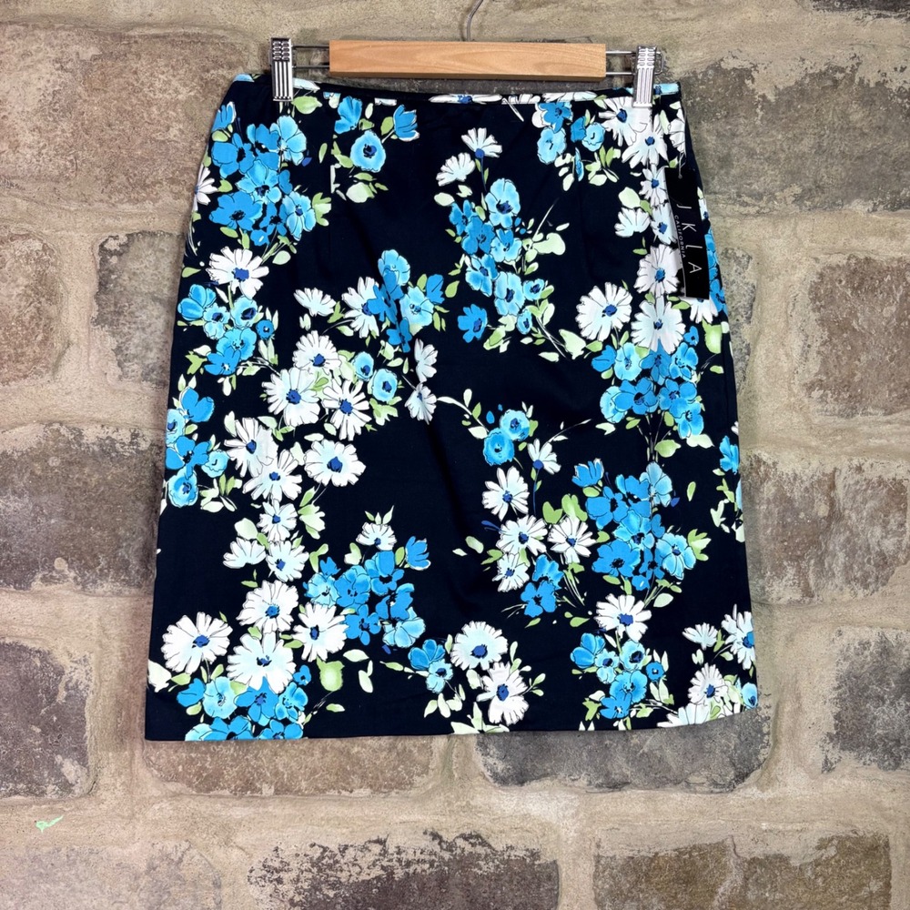 JKLA California Floral Cotton Sateen Pencil Skirt Black Blue White‎ Size 12 NWT